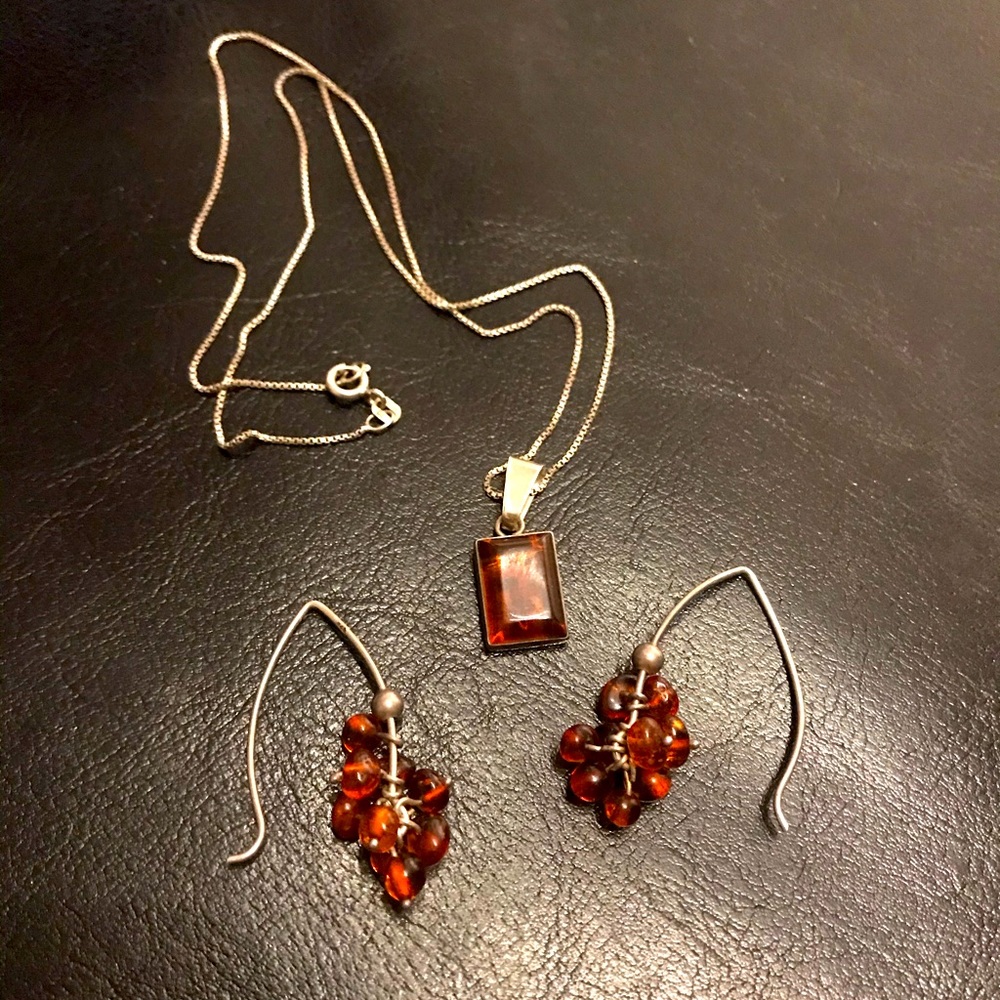 Amber Vintage.925 Sterling Silver Bundle Lot Set gem natural stone necklace
